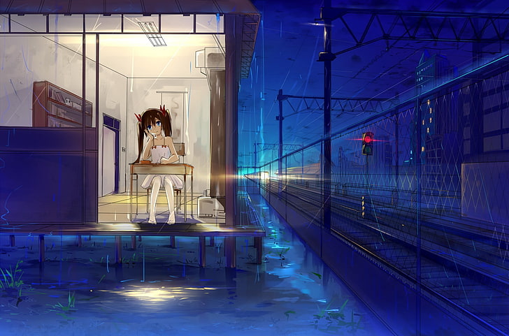 black-haired female anime character, haraguro you, home, girl, rain, railway, HD wallpaper