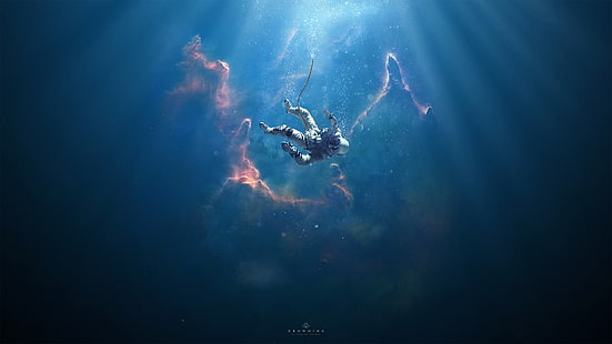 hombre fondo de pantalla digital subacuático, persona en traje de fondo de pantalla digital, astronauta, espacio, arte digital, Fondo de pantalla HD HD wallpaper
