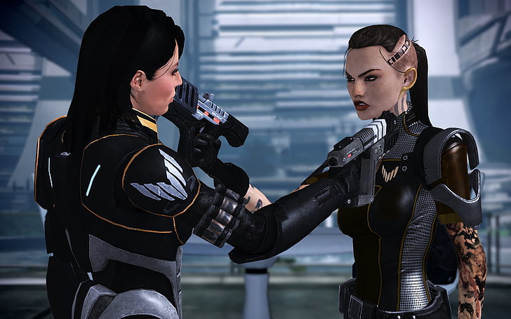zwei Frauen Spielfigur mit Pistole digitale Hintergründe, Mass Effect, Ashley Williams, Jack, Zitadelle (Mass Effect), Zitadelle, Videospiele, HD-Hintergrundbild
