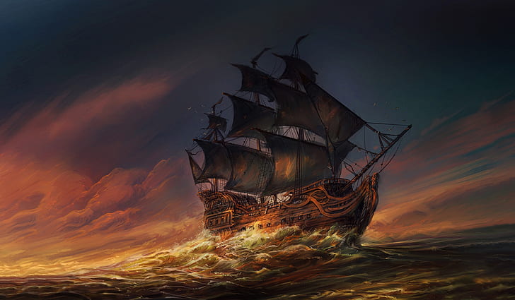 Ocean, morze, fala, statek, żagle, zachód słońca, ocean, ilustracja, fale, na morzu, Jorge Jacinto, autor Jorge Jacinto, Tapety HD