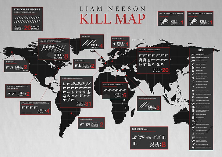 Liam Neeson Kill Map 포스터, Liam Neeson,지도, 영화, 세계지도, 숫자, 인포 그래픽, 스타 워즈, 뉴욕의 갱, 찍은, 2, 서부에서 죽는 백만 가지 방법, 묘비 사이의 산책, 연대기나니아, 타이탄의 분노, 그레이, 천국, 유머, HD 배경 화면