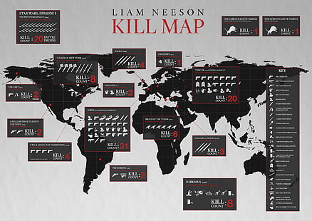 Liam Neeson Kill Map poster, Liam Neeson, map, movies, world map, numbers, infographics, Star Wars, Gangs of New York, Taken, Taken 2, A Million Ways to Die in the West, A Walk Among the Tombstones, The Chronicles of Narnia, Wrath Of The Titans, The Grey, Kingdom of Heaven, humor, HD wallpaper HD wallpaper