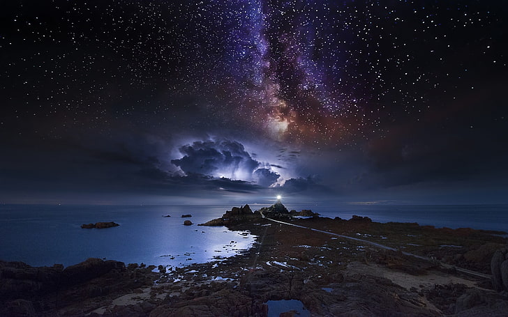 Gewässer, Natur, Landschaft, Küste, Langzeitbelichtung, Sternennacht, Milchstraße, Sturm, Meer, Leuchtturm, Weltraum, Wolken, HD-Hintergrundbild