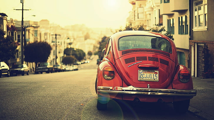Röd bil, Volkswagen Beetle, Street, Bokeh, röd volkswagen classic beetle bil, röd bil, volkswagen beetle, street, bokeh, HD tapet