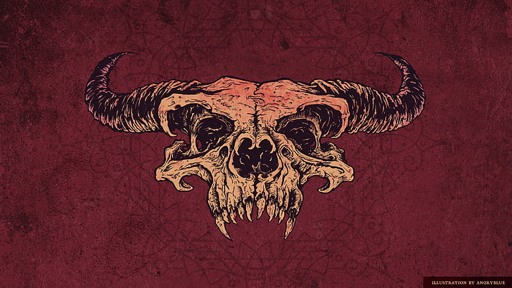 brown and white skull wallpaper, skull, demon, satanic, horns, artwork, fantasy art, red, angryblue, HD wallpaper