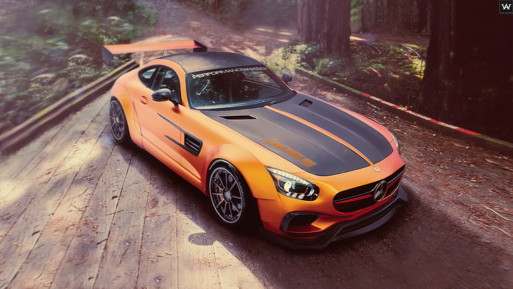 orange and black coupe, car, 3D graphics, nature, planks, HD wallpaper