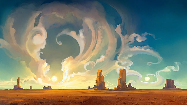 Ilustrasi Monument Valley, gurun dengan formasi batuan wallpaper grafis, karya seni, konsep seni, anime, lanskap, ngarai, seni fantasi, Wallpaper HD