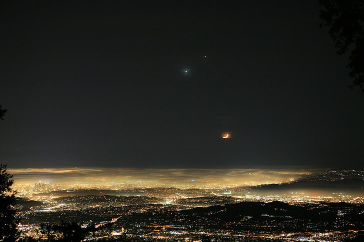 нощ, мъгла, Венера, светлини, небе, градски пейзаж, Луна, Юпитер, пейзаж, HD тапет