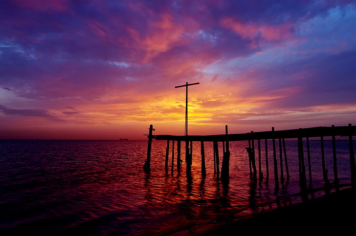 black wooden dock, sunset, shore, the evening, pierce, Bahrain, The Persian Gulf, HD wallpaper