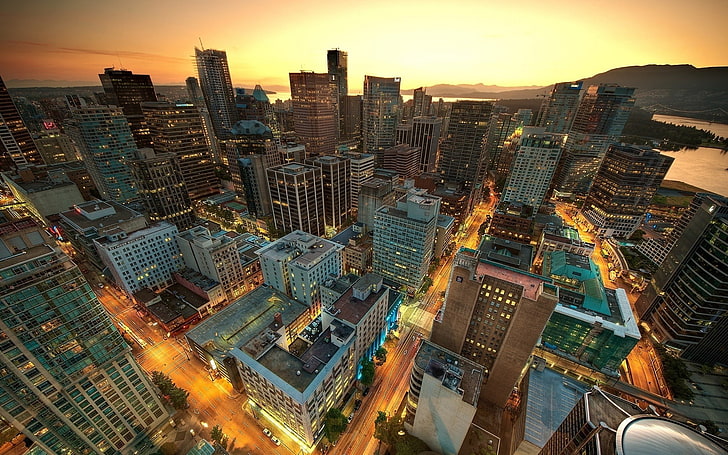 Luftaufnahme des Stadtbildes während der goldenen Stunde, Landschaft, Stadtbild, Stadt, Lichter, Sonnenuntergang, HD-Hintergrundbild