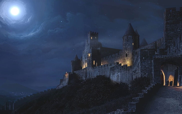замък илюстрация, архитектура, замък, древен, кула, нощ, светлини, Луна, облаци, лунна светлина, цифрово изкуство, HD тапет