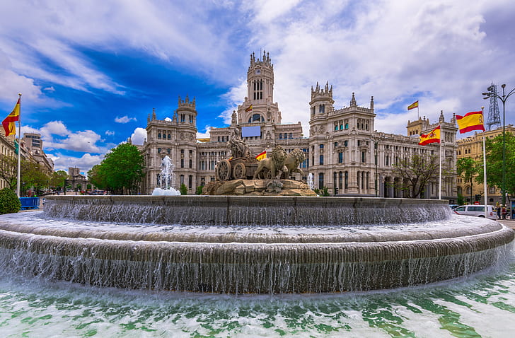 the sky, the sun, clouds, home, area, fountain, sculpture, Spain, Palace, Madrid, Cybeles Square, HD wallpaper