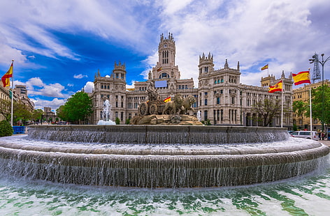 the sky, the sun, clouds, home, area, fountain, sculpture, Spain, Palace, Madrid, Cybeles Square, HD wallpaper HD wallpaper