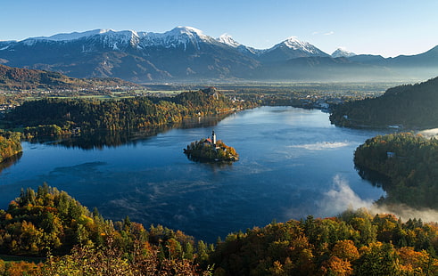 جزيرة على بحيرة ، قلعة ، نهر ، جبال ، سلوفينيا ، بحيرة بليد ، الكنيسة، خلفية HD HD wallpaper