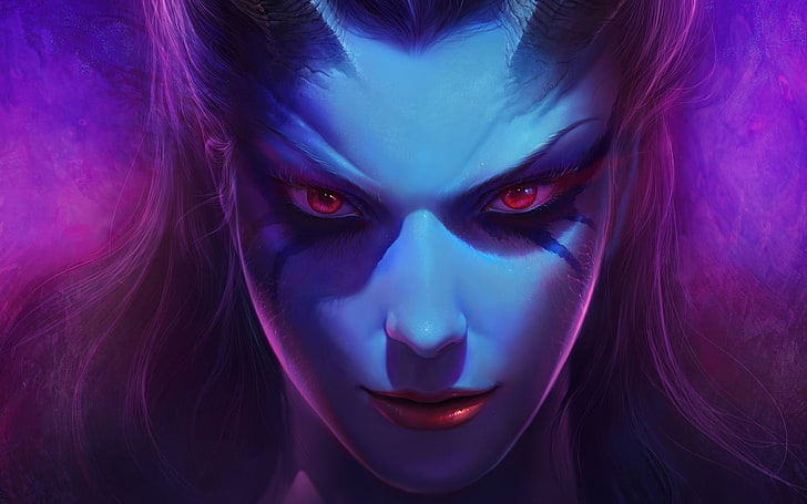 female character with black and purple hair illustration, Dota 2, Queen of Pain, digital art, Dota, face, red eyes, fantasy girl, HD wallpaper