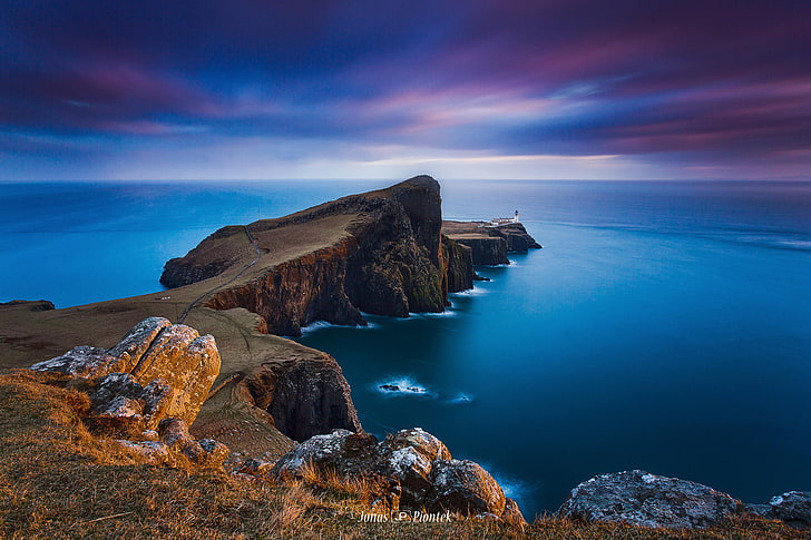 mercusuar, malam, Skotlandia, di tepi, Pulau Skye, titik Neist, kepulauan Hebrides Dalam, Wallpaper HD