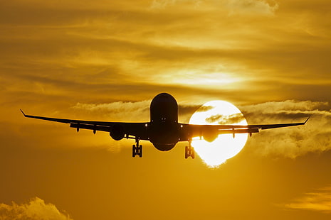 Zachód słońca, słońce, samolot, pasażer, Airbus, A330, Tapety HD HD wallpaper