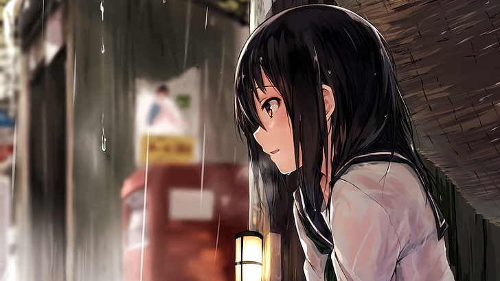 Anime, Chica, Lluvia, Gotas de lluvia, Uniforme escolar, Fondo de pantalla HD