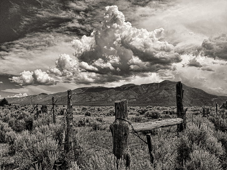 Clouds Fence BW Landscape Barb Wire HD, nature, landscape, clouds, bw, fence, wire, barb, HD wallpaper