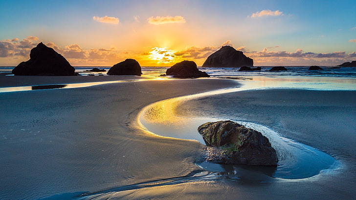 sunset, rock, beach, sea, HD wallpaper