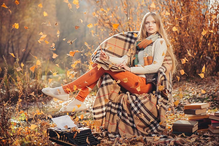 autumn, girl, nature, books, chair, plaid, machine, falling leaves, the manuscript, HD wallpaper