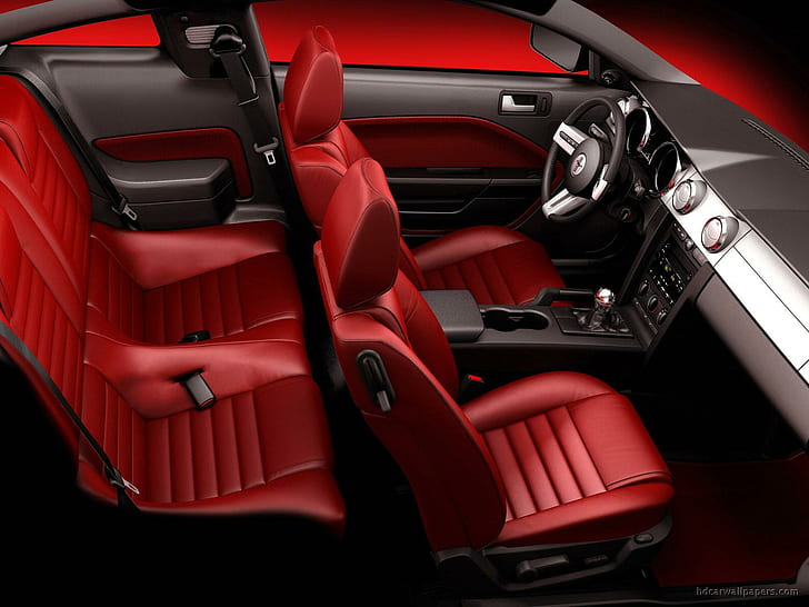 Interior Ford Mustang 2005, jok mobil kulit merah, interior, 2005, ford, mustang, mobil, Wallpaper HD