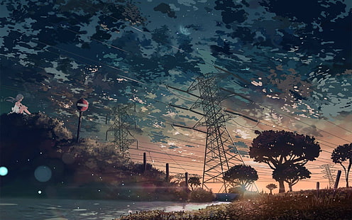 illustration de poteau électrique gris, arbres et tour pendant l'heure d'or, paysage, art numérique, lignes électriques, signes, bokeh, nuages, lumière du soleil, Fond d'écran HD HD wallpaper