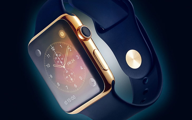caixa em alumínio dourado Apple Watch com pulseira esportiva preta, apple inc, apple watch, apple, HD papel de parede