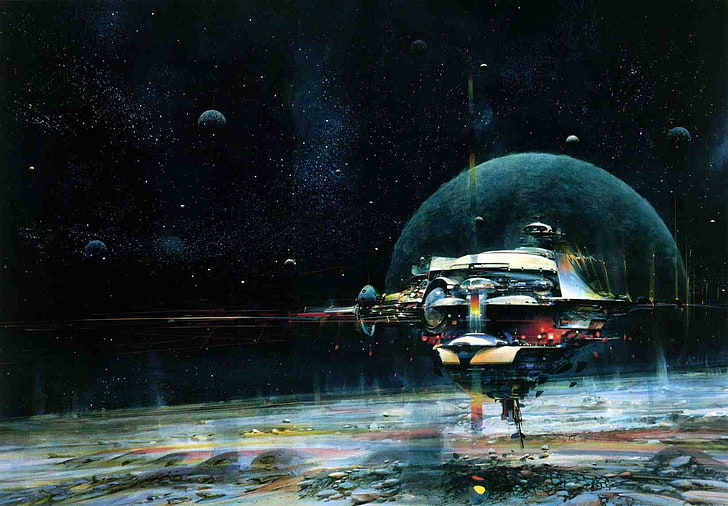 fondo de pantalla digital de nave espacial gris, John Berkey, ciencia ficción, nave espacial, planeta, arte de fantasía, Fondo de pantalla HD