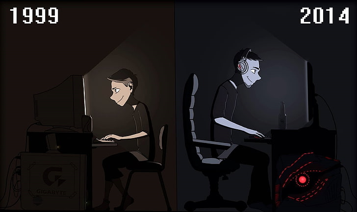two man and boy playing computer illustrations, before and after image, Gigabyte, computer, gamers, PC gaming, video games, artwork, digital art, HD wallpaper