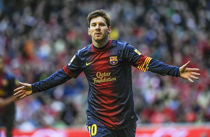เสื้อฟุตบอลผู้ชาย Nike Qatar Foundation สีแดงและน้ำเงินฟุตบอลสโมสรฟอร์มนักเตะ Lionel Messi เมสซี่ FC Barcelona ลีโอ, วอลล์เปเปอร์ HD
