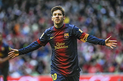 เสื้อฟุตบอลผู้ชาย Nike Qatar Foundation สีแดงและน้ำเงินฟุตบอลสโมสรฟอร์มนักเตะ Lionel Messi เมสซี่ FC Barcelona ลีโอ, วอลล์เปเปอร์ HD HD wallpaper