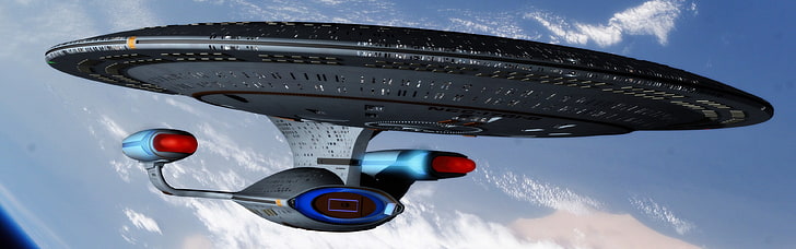 schwarzes Raumschiff, Star Trek, USS Enterprise (Raumschiff), Weltraum, mehrere Bildschirme, zwei Bildschirme, HD-Hintergrundbild