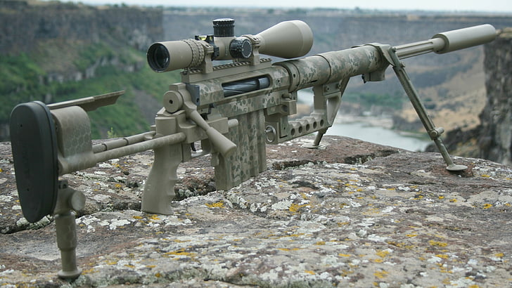 pistolet de tireur d’élite brun, m200, CheyTac, Intervention, .408 Chey Tac, fusil de sniper, lunette de visée, montagne, Fond d'écran HD