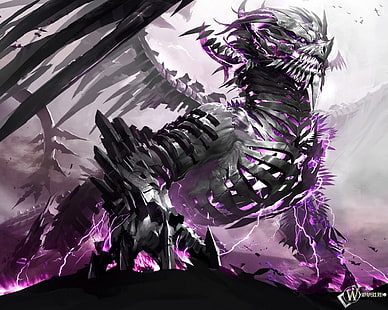 fondo de pantalla digital de dragón gris y morado, esqueleto, dragón, Guild Wars 2, Fondo de pantalla HD HD wallpaper