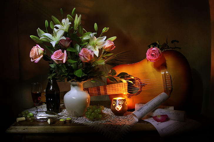 flowers, berries, notes, wine, Lily, bottle, guitar, roses, candle, glasses, candy, grapes, leaves, vase, table, napkin, HD wallpaper