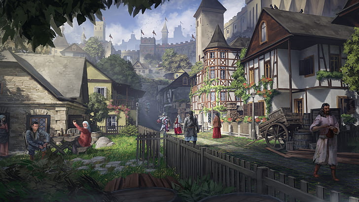 fantasy art, digital, town, people, Fantasy Architecture, architecture, city, medieval, street, castle, HD wallpaper