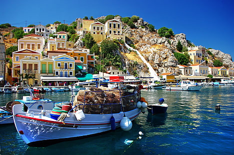 белое каноэ, море, горы, природа, дома, лодки, Греция, груз, HD обои HD wallpaper