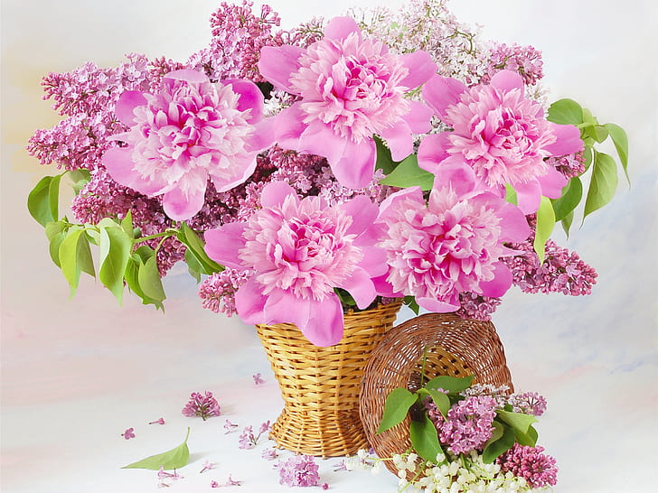 Pink flowers, basket, peonies, lilac, Pink, Flowers, Basket, Peonies, Lilac, HD wallpaper