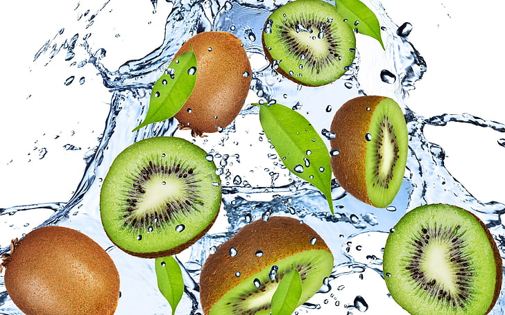 frutas de kiwi, fruta, fruta de kiwi, verde, agua, gotas, aerosoles, frescura, Fondo de pantalla HD