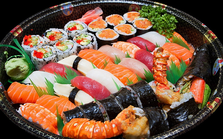 sushi assortiti, involtini, sushi, gustosi, carne, pesce, carne, cucina giapponese, Sfondo HD