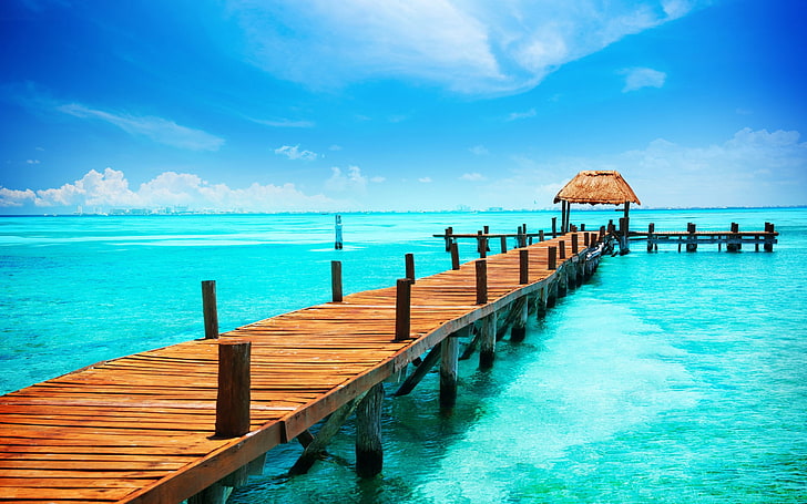Мексико Канкун карибски бряг небе-Високо качество HD .., кафяв дървен док, HD тапет