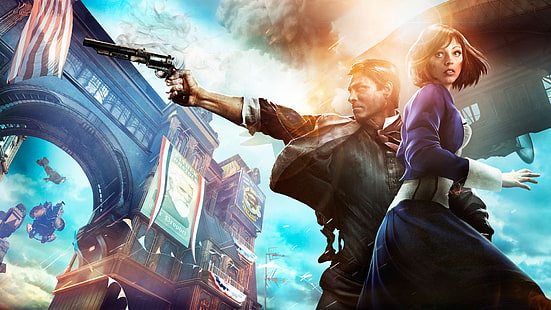 мужчина держит пистолет рядом с женщиной в фиолетовом платье с цифровыми обоями, BioShock, BioShock Infinite, видеоигры, голубой, Искусство видеоигры, солнечный свет, HD обои HD wallpaper