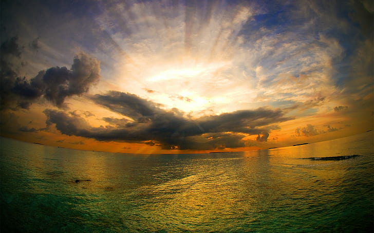zachód słońca, chmury, kula panoramiczna, morze, pejzaż, Tapety HD