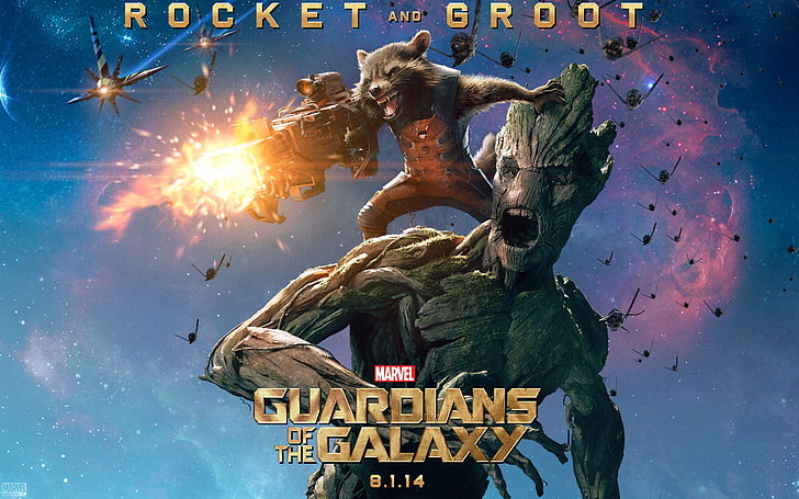 Wunder-Wächter des Galaxie-Plakats, Groot, Rocket Raccoon, Wunder-Comics, Wächter des Galaxie, Filme, Filmplakat, HD-Hintergrundbild