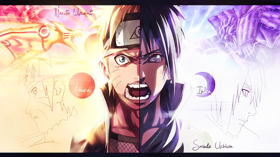 Naruto illustration, untitled, Naruto Shippuuden, Uzumaki Naruto, Uchiha Sasuke, Kurama, anime, splitting, Susanoo (character), Rinnegan, screaming, HD wallpaper HD wallpaper