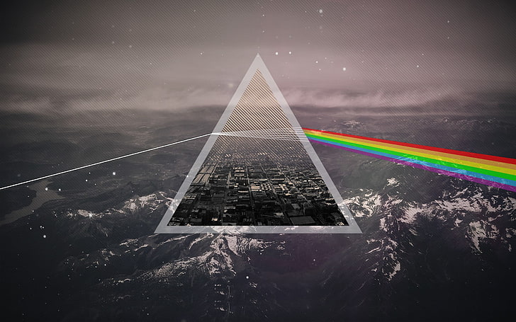 Pink Floyd, Тъмната страна на Луната, триъгълник, планини, картина в картина, HD тапет
