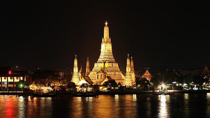 Bangkok, światła, noc, pomnik, architektura, Tapety HD