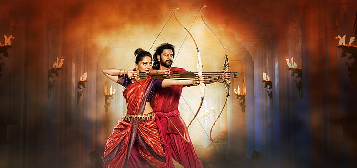 Мужчина и женщина, держащая стрелы с луками, Баахубали 2: Заключение, Анушка Шетти, Девасена, Прабхас, 4K, 8K, HD обои