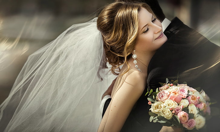 joy, bouquet, hugs, the bride, veil, the groom, HD wallpaper